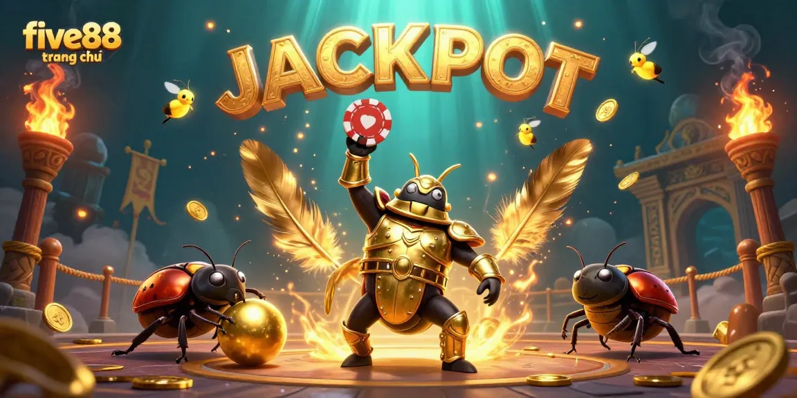 Win big at five88 trang chủ with an exciting 3D casino showdown featuring a victorious hercules beetle.