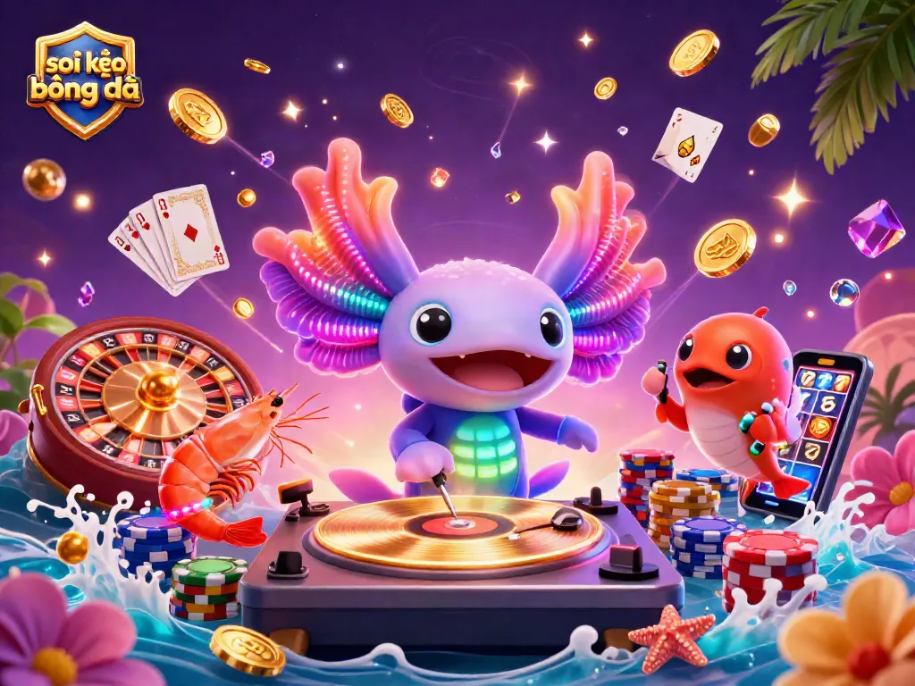 Betting enthusiasts enjoy soi kèo bóng đá while a neon axolotl DJ spins records with vibrant characters.