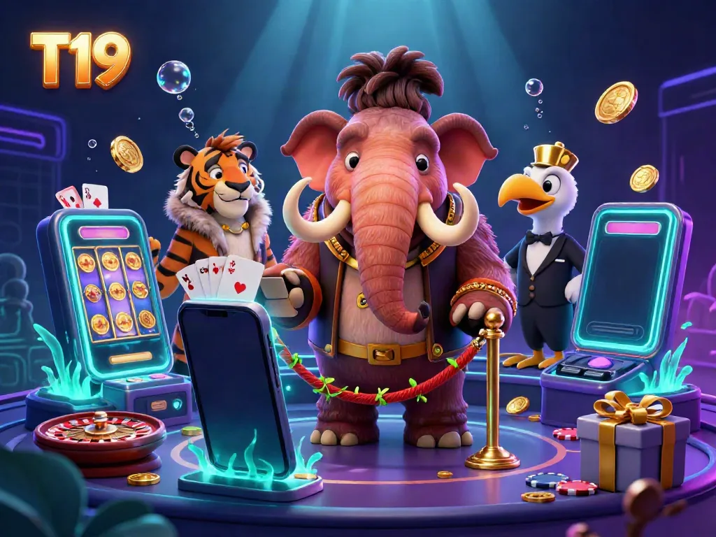 Experience the vibrant T19 casino scene with a mammoth bouncer, VIP saber-tooth tiger, and dodo doorman.