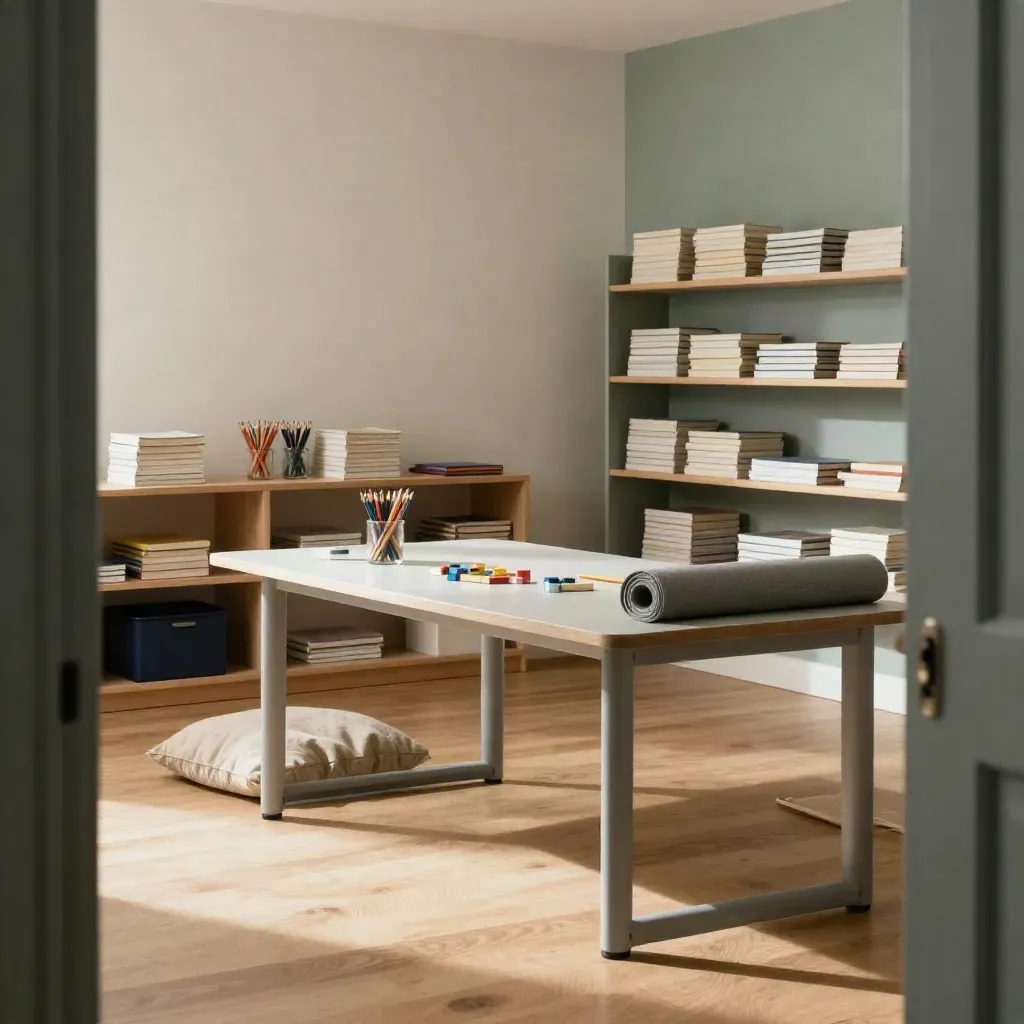 Stijlvol leeratelier met boeken, kleurpotloden en een mindfulnessmat in warm winterlicht.