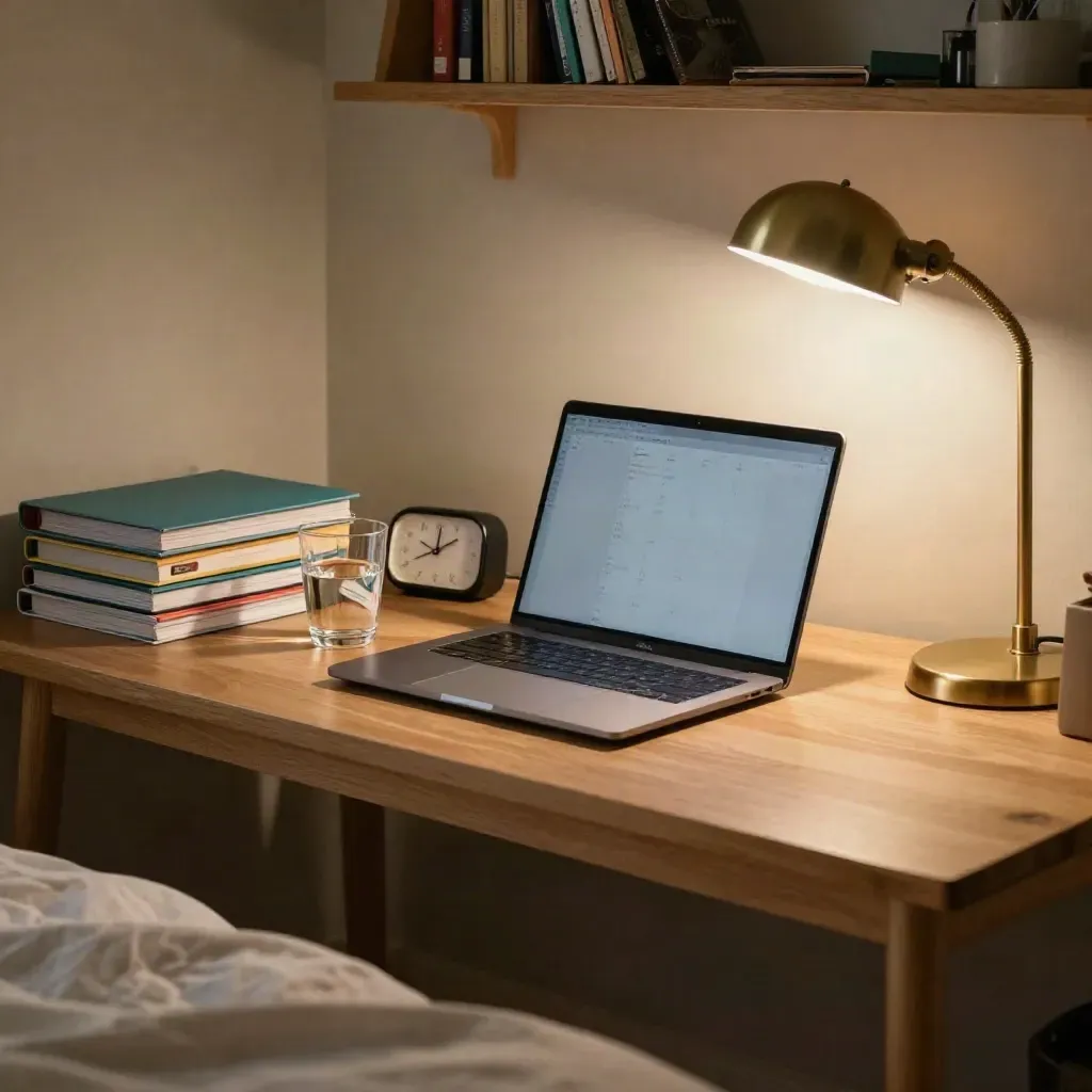 Rustige slaapkamerwerkplek met laptop, mappen, waterglas, timer en lamp in zacht ochtendlicht.