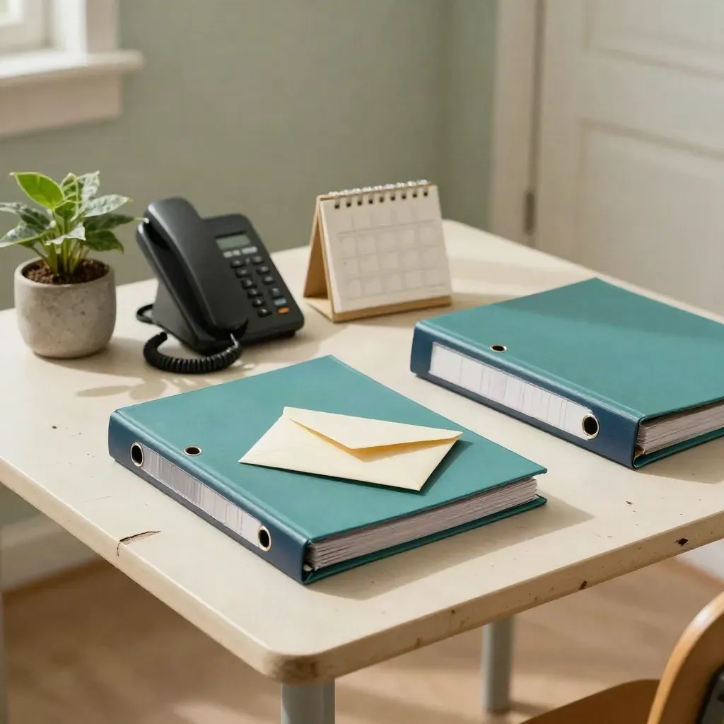 School- en thuiscoördinatie op een lichte tafel met mappen, telefoon, envelop, kalenderkubus en plant.