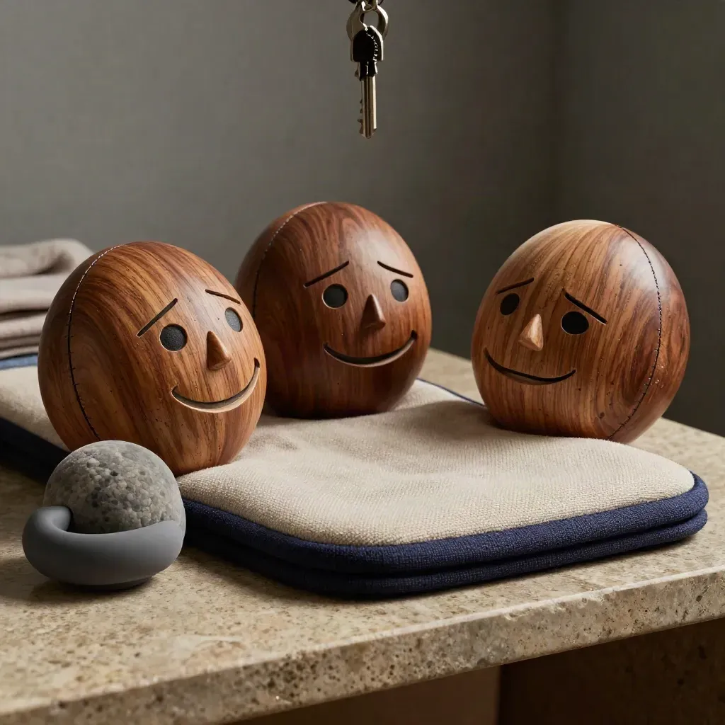 Houten emotiegezichten, fidgetring, stressbal en verzwaard schootkussen op een stenen plank.