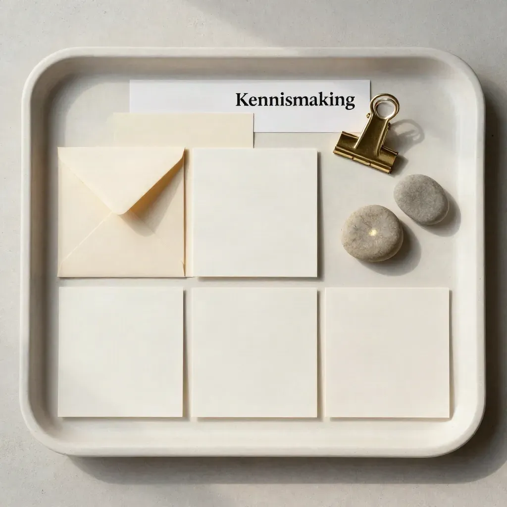 Bovenaanzicht van intakekaarten, stenen, envelop en messingklem op een lichte tray.
