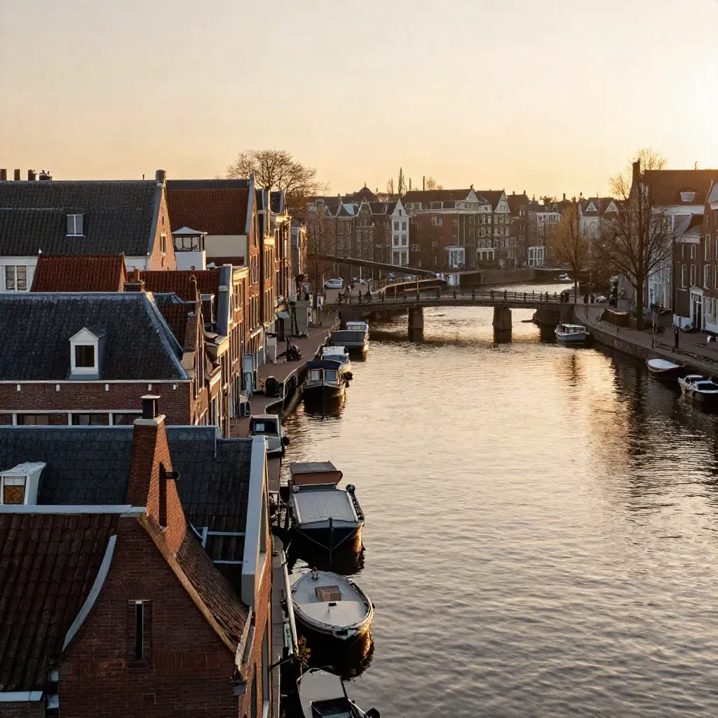 Uitzicht op Amsterdamse grachten en brug in gouden avondmist