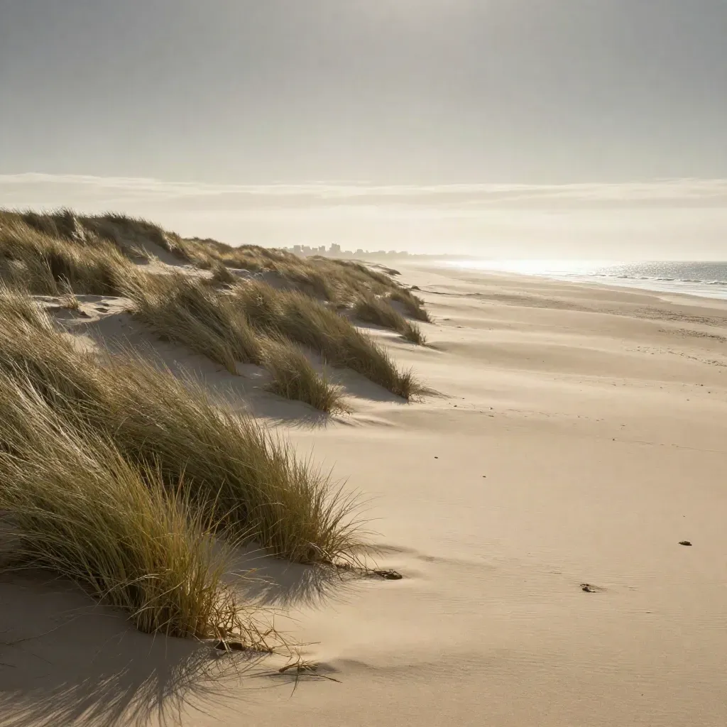 Duinen bij Den Haag met zeehorizon en zachte zandvlakte in avondmist.