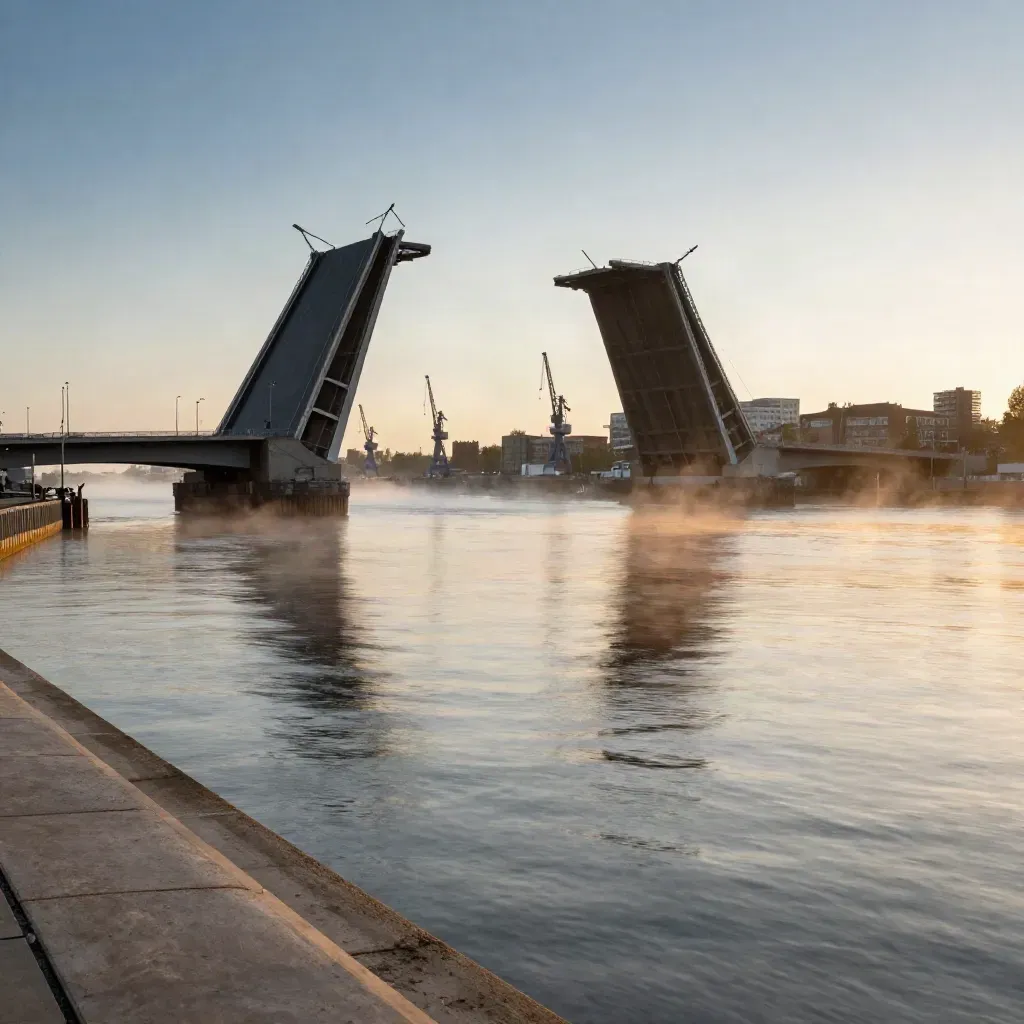 De Erasmusbrug boven de Maas in blauw uurlicht met mistige kades en rustig water.