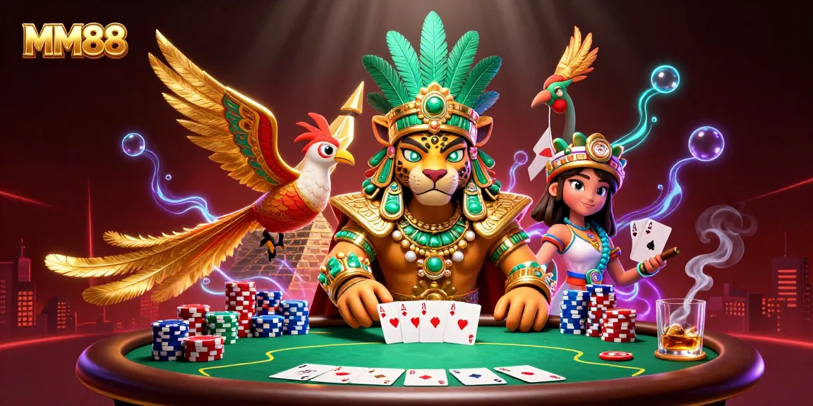 Experience thrilling gameplay at MM88 while joining the Mayan jaguar priest and quetzal bird in a vibrant casino showdown.