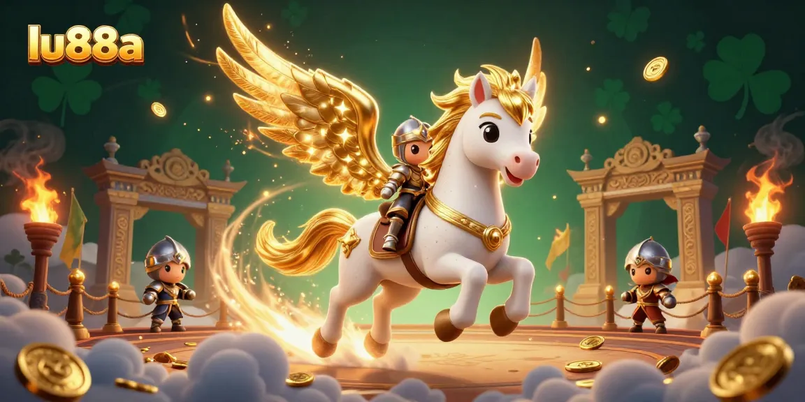 Experience the thrills of gambling at lu88a with a knight riding a celestial horse among gold and excitement.