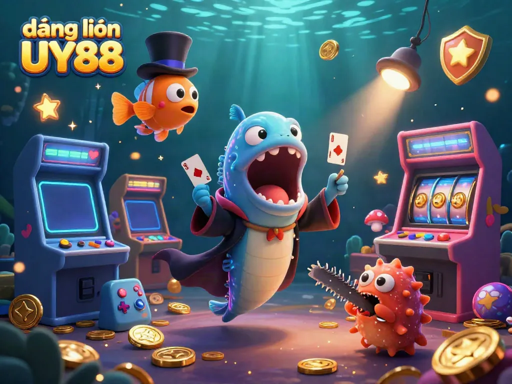 Engaging scene of a bioluminescent eel performing card tricks, promoting đăng nhập UY88 with fun casino elements.
