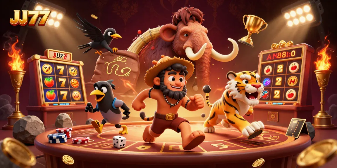Experience the thrill of JJ77 with vibrant gaming elements and characters in a dynamic casino scene.