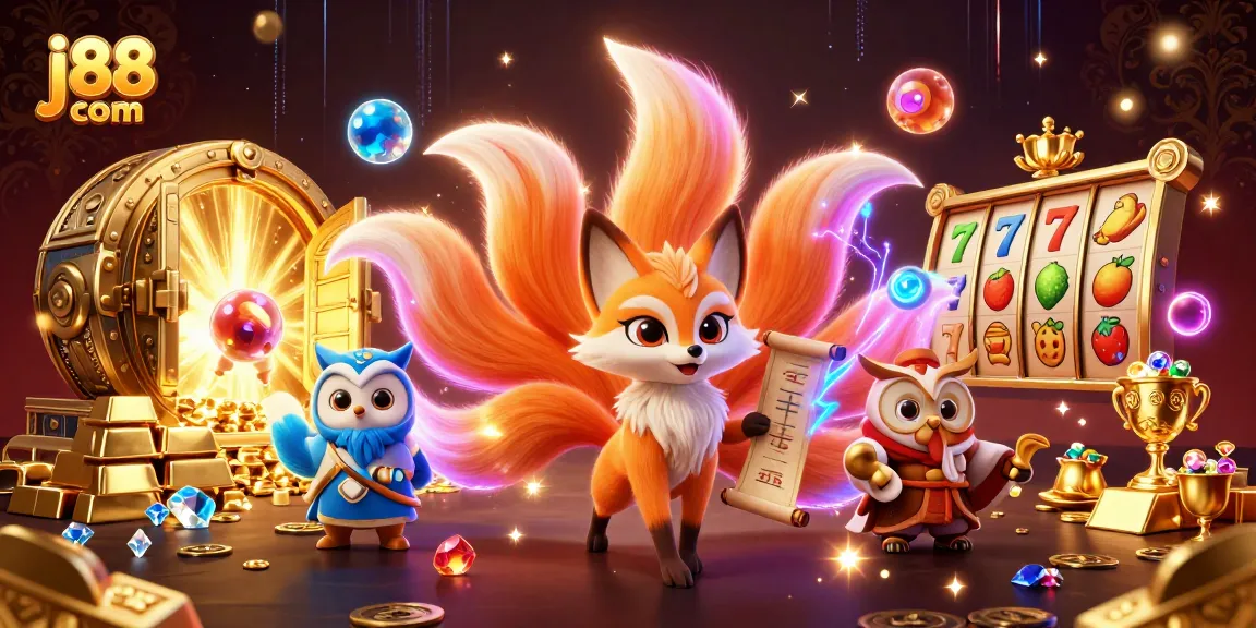 Experience the magic of j88 com with slot reels and a vibrant casino atmosphere in this colorful illustration.