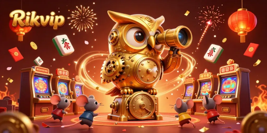 Engage in thrilling gameplay at Rikvip with a 3D animated scene of a vibrant casino atmosphere.
