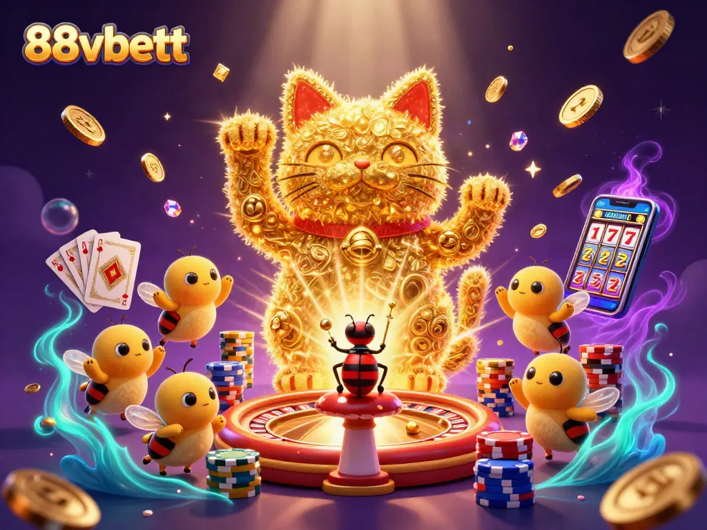 Engage with the vibrant energy of 88vbett in this stunning casino-themed illustration featuring a lucky cat, dazzling coins, and game elements.
