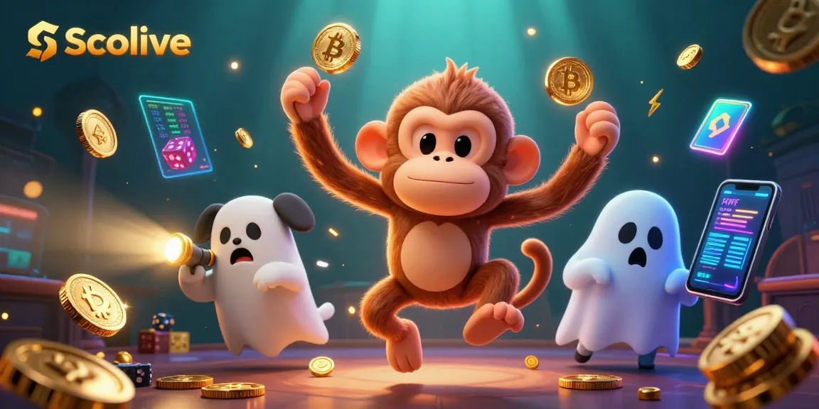 Socolive showcases an engaging scene of a ghost-hunter puppy tracking a mischievous monkey juggling gold objects in a vibrant casino.