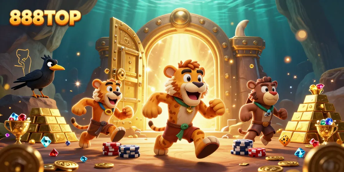 Experience the vibrant action of 888TOP's casino with iconic characters amid treasure and excitement.