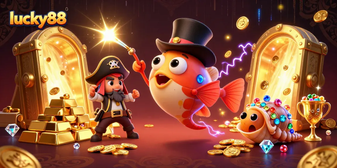 Experience thrilling gameplay with lucky88's 3D anglerfish and pirate shrimp in a vibrant casino-themed treasure scene.