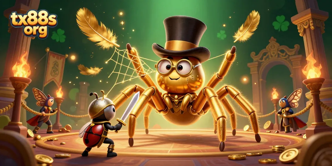 Engage with thrilling games at tx88s org, featuring an epic scene with a golden tarantula and knight.