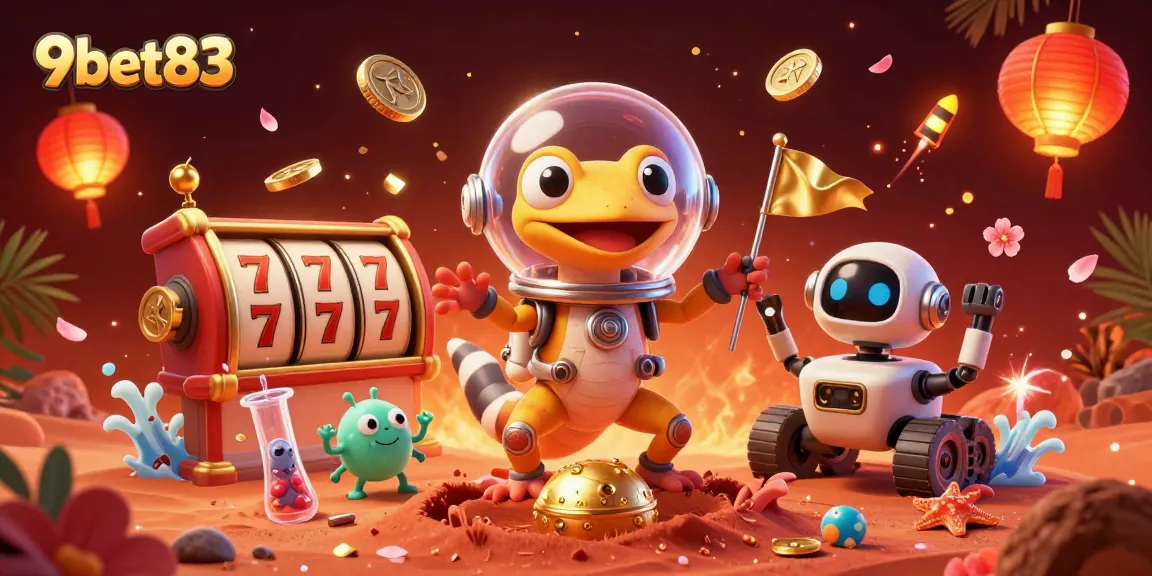 Experience thrilling gaming with 9bet83 in this vibrant 3D casino illustration showcasing slot games and adventure.