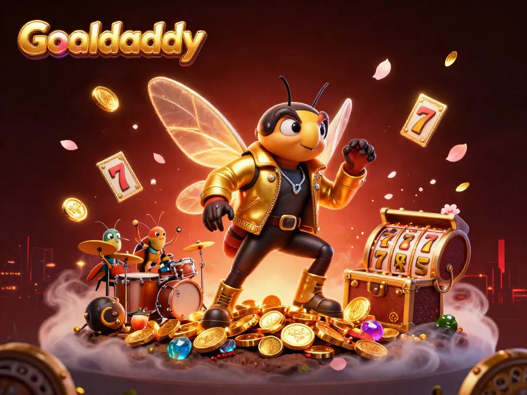 Goaldaddy showcases a dynamic casino scene with a cicada rock star and vibrant gaming elements.