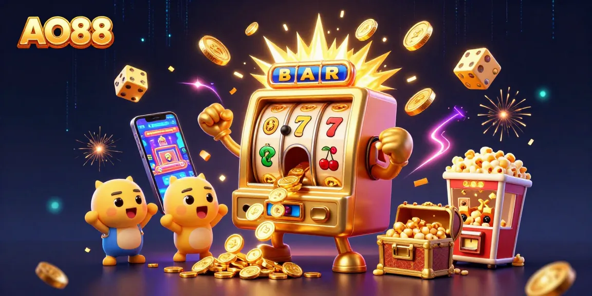 Engaging AO88 scene of cartoon slot machines winning jackpots with coins pouring out and a cheering crowd.