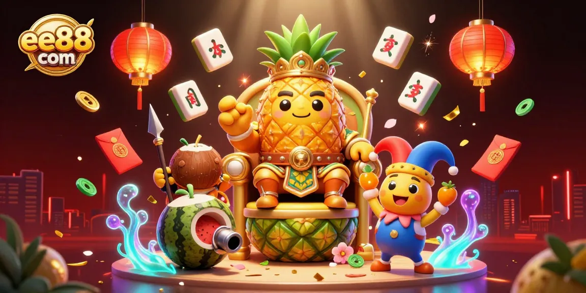 Engage with the vibrant casino scene at ee88 com featuring a pineapple king, lively characters, and gold symbols.