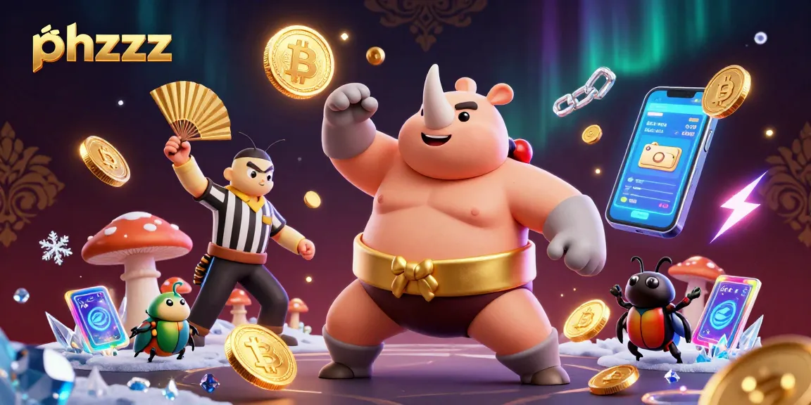 Join the phzzz action as a sumo beetle champion stomps for crypto winnings amid vibrant gambling elements.
