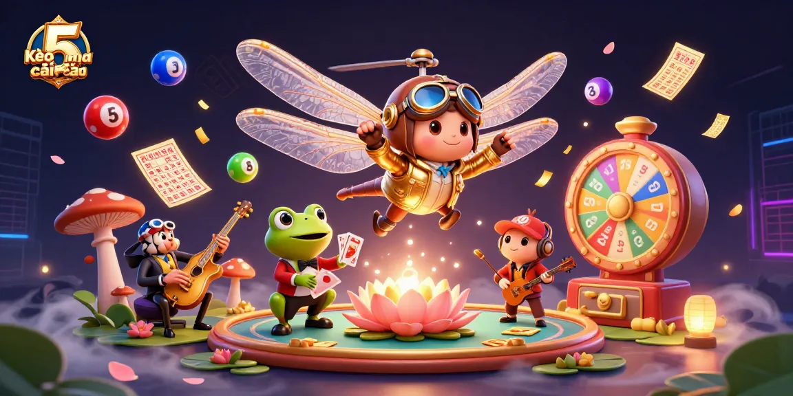 Kèo nhà cái 5 showcases an exciting scene with a dragonfly pilot, frog croupier, and live jazz musicians amidst colorful casino elements.
