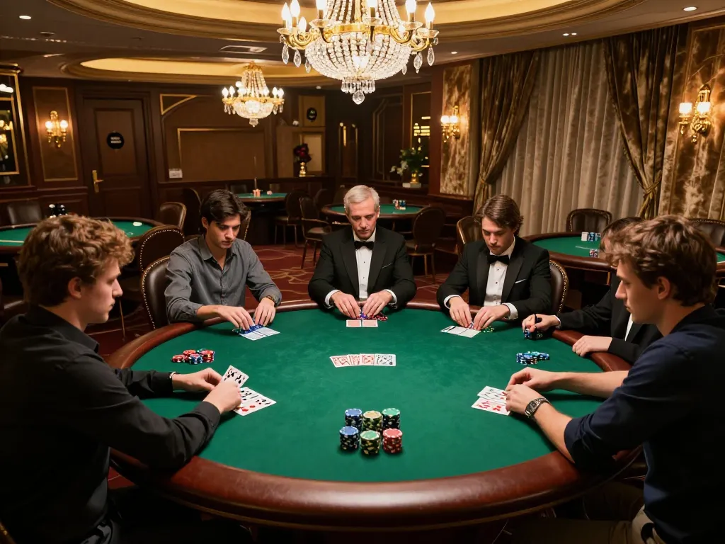 Engaged players at a high-stakes poker game, showcasing winning strategies with Link Vin88 chính thức integrated seamlessly into the atmosphere.