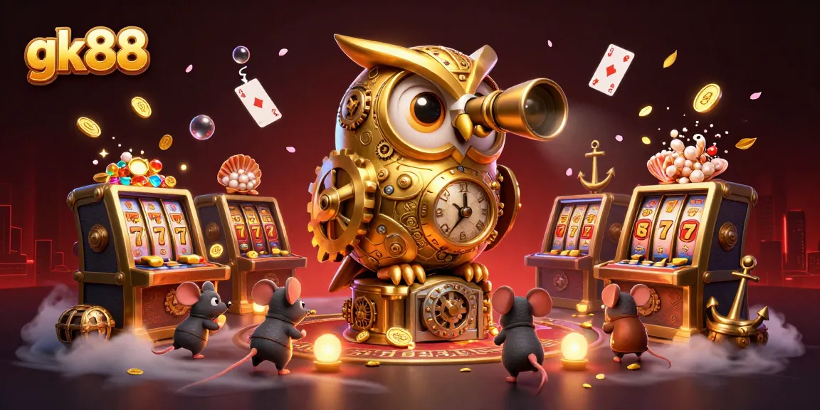 Experience the excitement of gk88 with our vibrant casino scene showcasing thrilling slot machines and golden owl guardians.