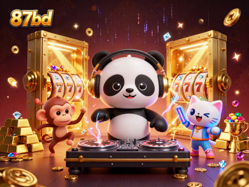 Engage with thrilling games at 87bd featuring a DJ panda and breakdancing monkey amid dazzling casino elements.