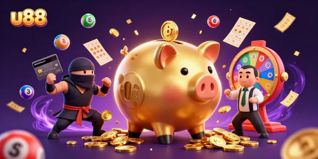 Experience thrilling u88 casino action with a dynamic scene featuring a golden piggy bank sumo wrestler and colorful gaming elements.
