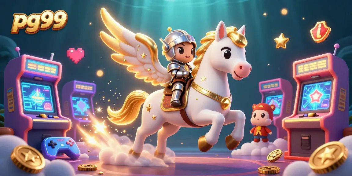 Experience winning spins at pg99 with vibrant arcade elements and a magical horse in action.