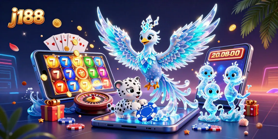 Engage with thrilling j188 slot visuals, featuring an ice phoenix and poker-themed gaming elements.