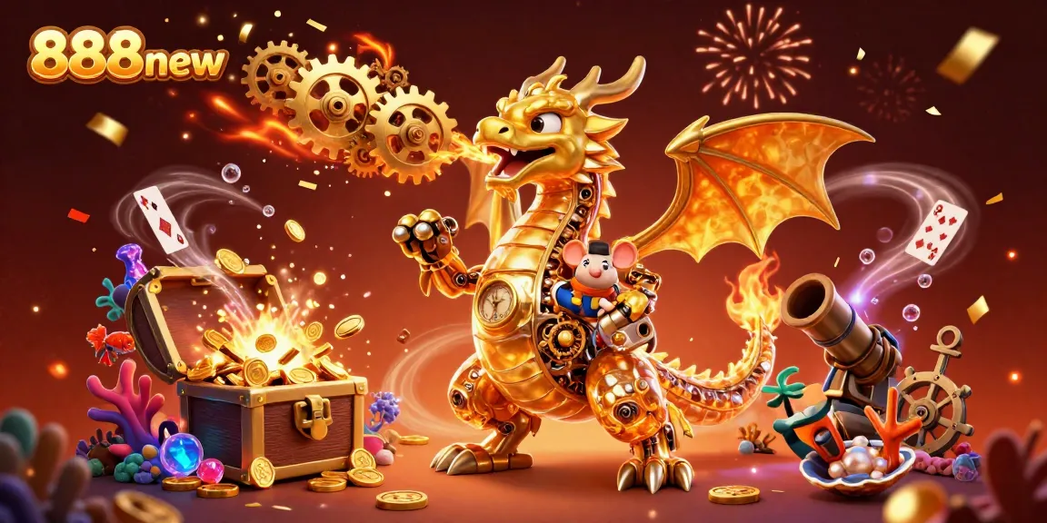 Engage in thrilling gameplay with 888new featuring a golden dragon surrounded by casino treasures and action.