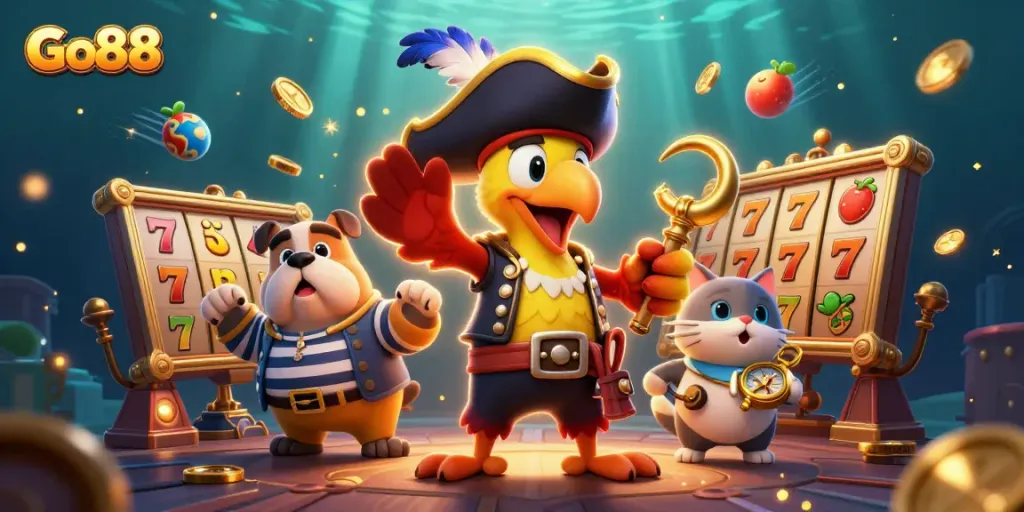 Engage with Go88's thrilling slot experience featuring a pirate captain and colorful slot elements.