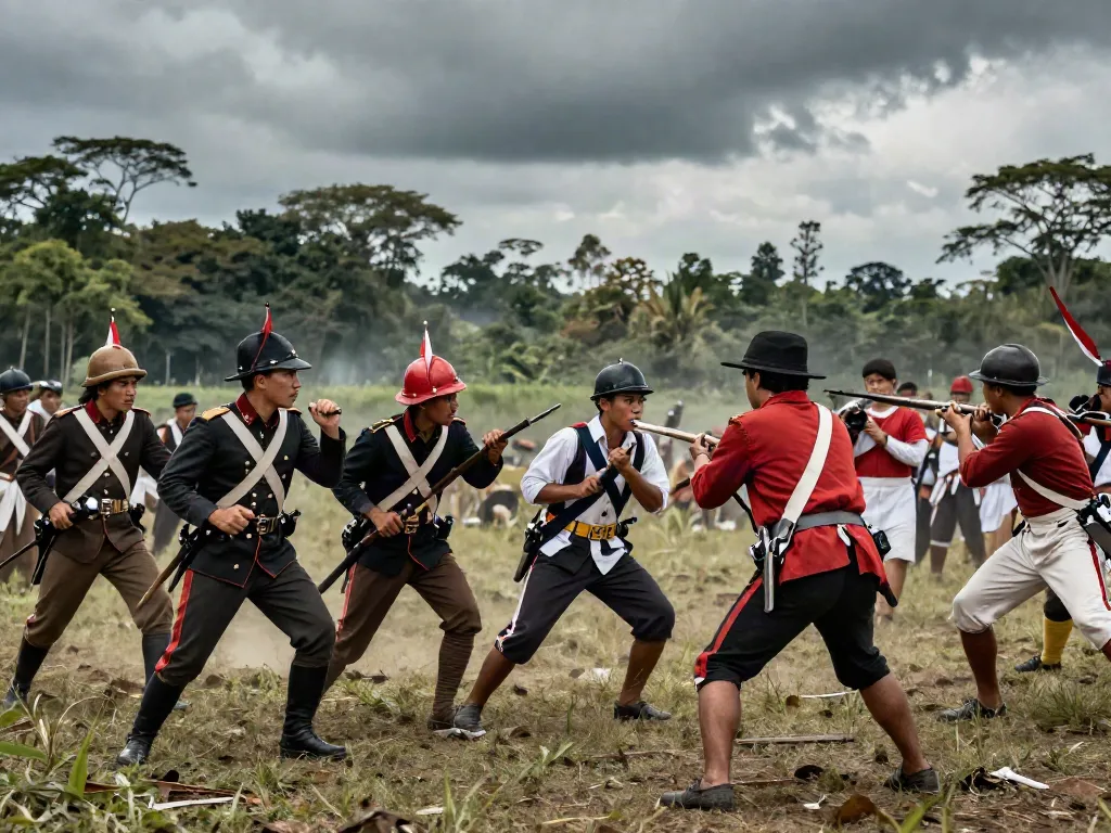 Scene of a reenactment depicting the Dutch-Indonesian War with actors in period costumes, representing the rokok88 login conflict.