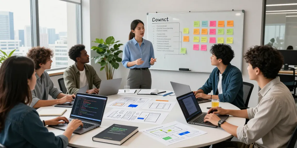 Team collaborating to build internal tools with AI in a modern office.