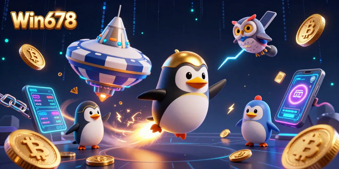 Win678 brings excitement as a golden penguin blasts through a cosmic casino adventure!
