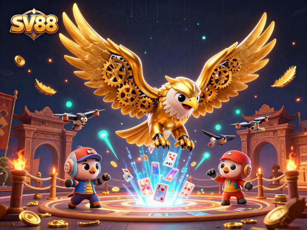SV88 gaming experience featuring a cybernetic eagle soaring amidst holographic playing cards and dynamic casino elements.