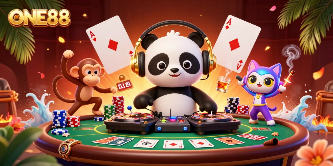 Experience vibrant gambling excitement at ONE88 with a lively DJ panda and friends.