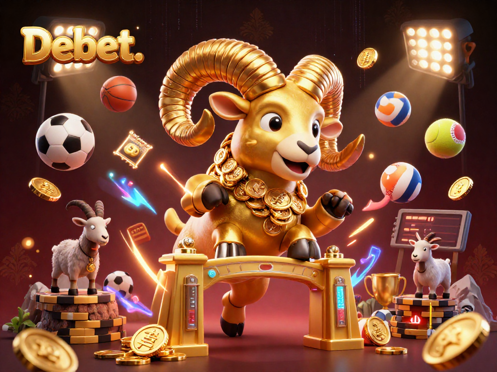 Experience the thrill of Debet. with an electric scene showcasing vibrant sports betting action and golden coins.