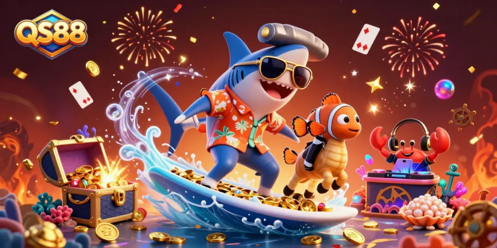 Experience the thrilling world of QS88 with vibrant 3D characters surfing gold coins in a dynamic casino scene.