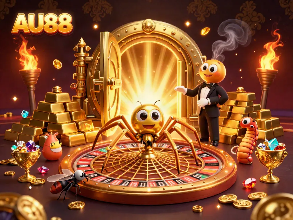 Join the excitement at AU88 with a whimsical scene of a spider and centipede in a 3D casino!