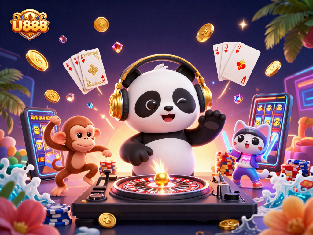 U 888 entertains with a DJ panda and vibrant casino elements in a dynamic 3D scene.