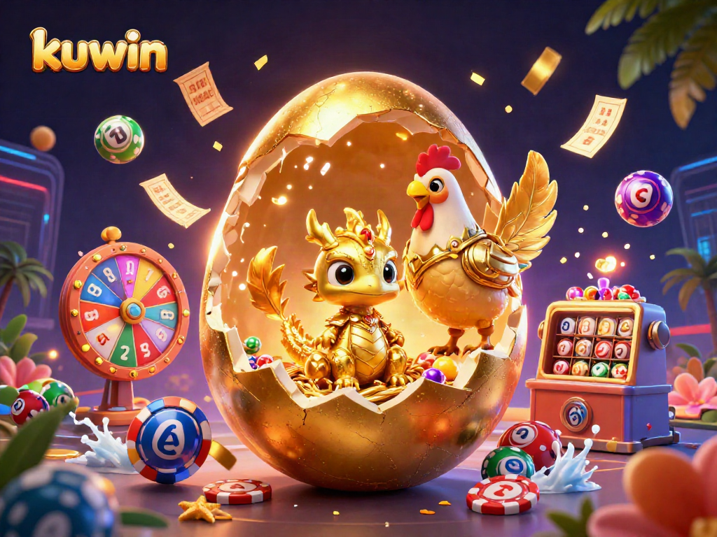 Kuwin's exciting gaming realm features a golden dragon, poker chips, and vibrant lottery elements.