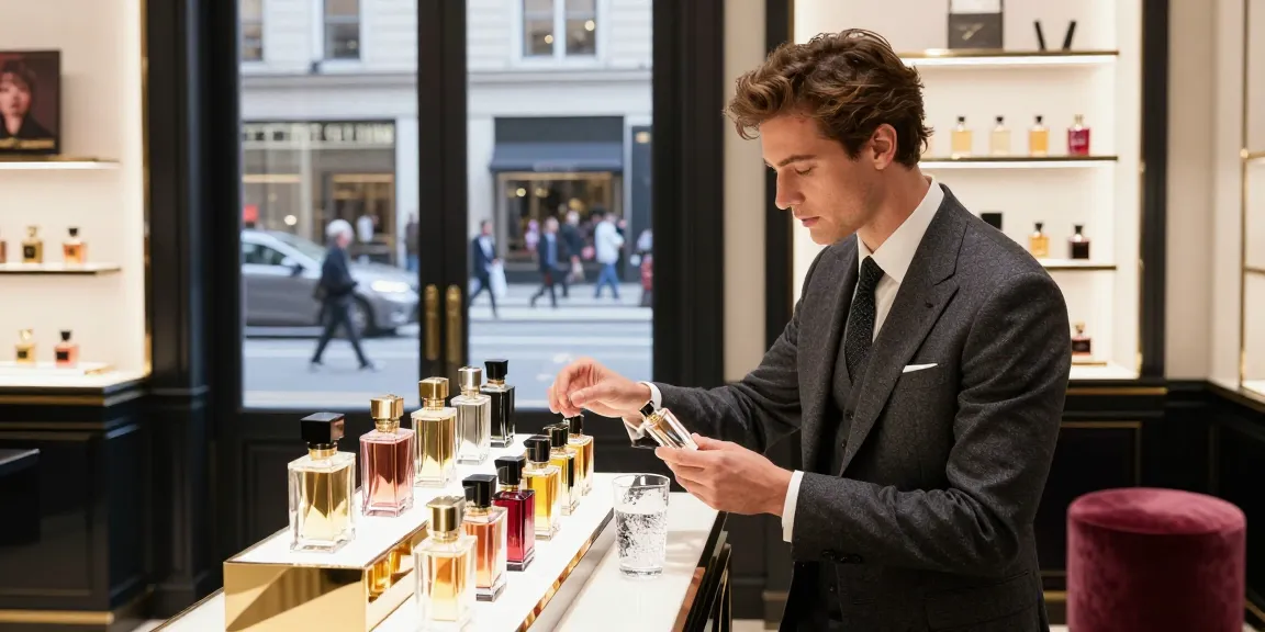 Parfum cadeau man in luxe setting met stijlvolle man die parfum selecteert uit hoogwaardige flacons.