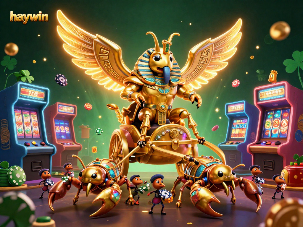 Experience the excitement of haywin gaming with a vibrant, detailed 3D scene of a colossal beetle and dynamic casino elements.