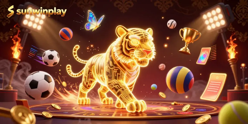 Engage in thrilling gaming action at sunwinplay with vibrant casino elements and a radiant tiger.
