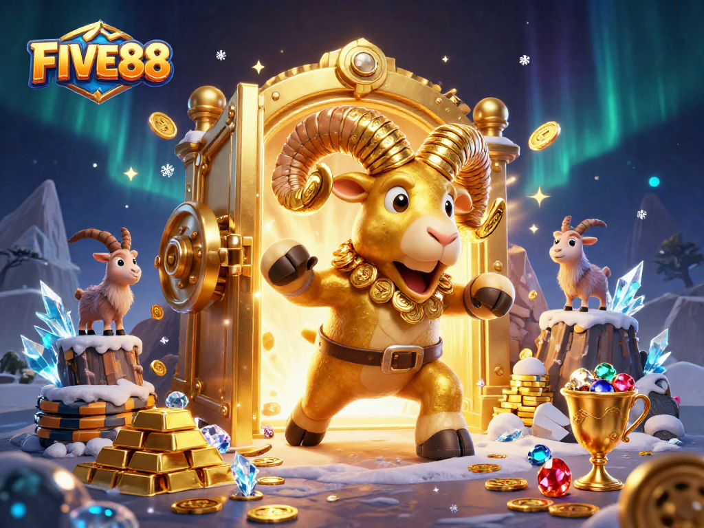 FIVE88 showcases an exciting 3D animated scene with a golden ram charging through treasure for thrilling gaming action.